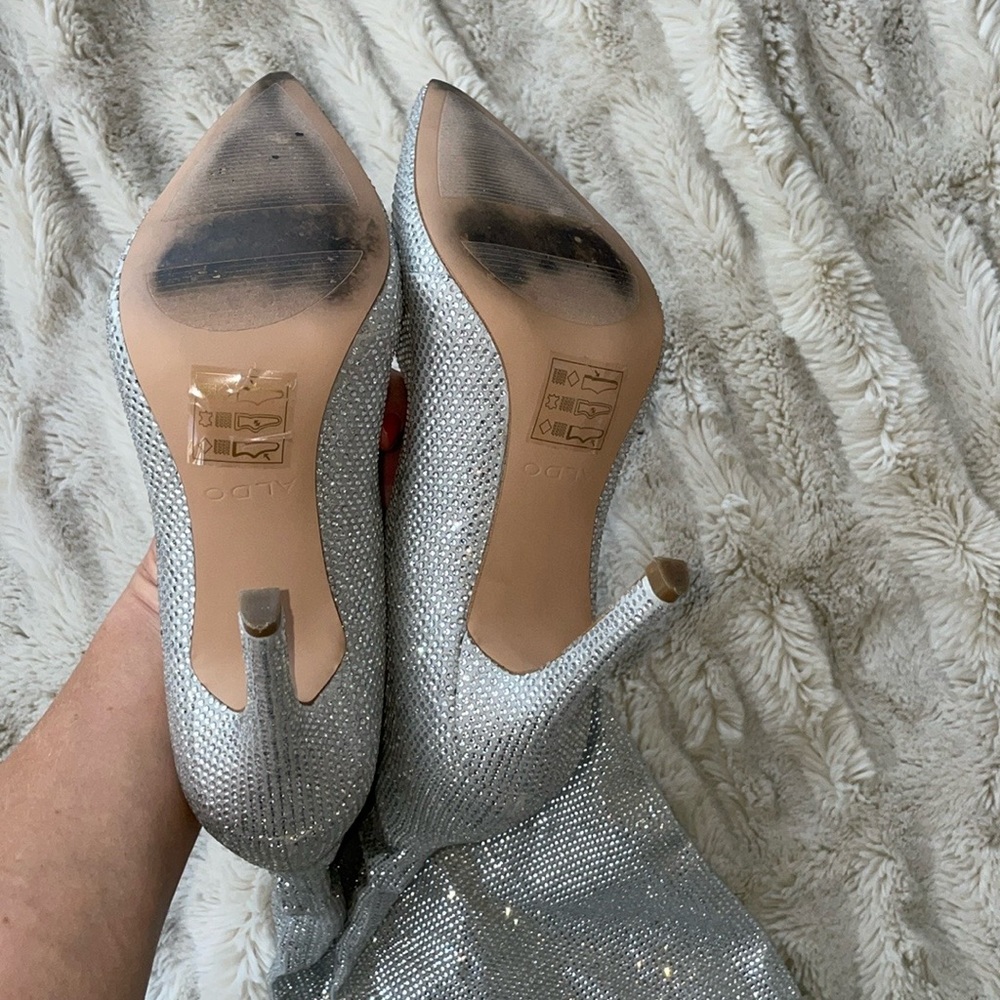 ALDO CLAIRA CRYSTAL SLOUCH STILETTO BOOTS SILVER, SZ 7.5 - Picture 5 of 6